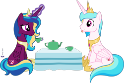 Size: 6000x4000 | Tagged: safe, artist:parclytaxel, artist:starponys87, oc, oc only, oc:prince endearment, oc:twilight teatime, alicorn, pony, .svg available, :p, absurd resolution, alicorn oc, crown, cup, duo, eye contact, female, food, glowing horn, horn, jewelry, levitation, looking at each other, magic, magic aura, male, mare, monthly reward, peytral, regalia, simple background, smiling, smiling at each other, stallion, table, tea, tea party, teacup, teapot, telekinesis, tongue out, transparent background, utah teapot, vector, wings