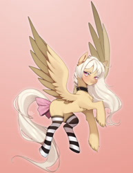 Size: 1600x2074 | Tagged: safe, artist:erinartista, oc, oc only, oc:linh, pegasus, pony, bow, clothes, female, mare, socks, solo, striped socks, tail bow, two toned wings, wings