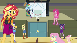Size: 1920x1076 | Tagged: safe, screencap, applejack, fluttershy, pinkie pie, rainbow dash, rarity, sci-twi, sunset shimmer, twilight sparkle, do it for the ponygram!, equestria girls, g4, my little pony equestria girls: better together, basketball hoop, basketball net, canterlot high, female, gym, gymnasium, humane five, humane seven, humane six, open mouth, slam dunk