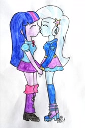 Size: 1616x2422 | Tagged: safe, artist:fude-chan-art, trixie, twilight sparkle, equestria girls, g4, duo, female, kiss on the lips, kissing, lesbian, ship:twixie, shipping, traditional art