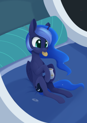 Size: 988x1394 | Tagged: safe, artist:dusthiel, princess luna, alicorn, earth pony, pony, g4, :p, atg 2021, bed, cookie, cookie jar, cute, eating, ethereal mane, ethereal tail, folded wings, food, hoof hold, lunabetes, mouth hold, newbie artist training grounds, raised hoof, raised hooves, sitting, slim, solo, tail, thin, tongue out, wings