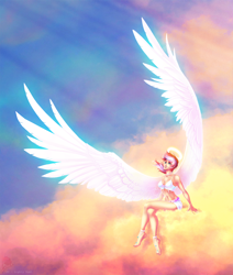 Size: 1712x2018 | Tagged: safe, artist:limreiart, oc, oc only, oc:lighty dust, human, pegasus, choker, cloud, crossed legs, female, humanized, humanized oc, large wings, looking up, multicolored hair, nimbus, not sunset shimmer, pegasus oc, sitting, smiling, solo, wings