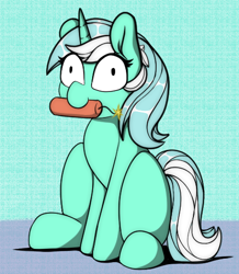 Size: 446x512 | Tagged: safe, artist:llametsul, lyra heartstrings, pony, unicorn, g4, atg 2021, derp, dynamite, explosives, female, l.u.l.s., mare, mouth hold, newbie artist training grounds, simple background, sitting, solo, stupidity, this will end in death, this will end in explosions, tnt, too dumb to live