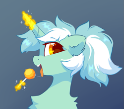 Size: 635x556 | Tagged: safe, artist:mirtash, lyra heartstrings, pony, unicorn, g4, candy, drool, drool string, eye clipping through hair, eyebrows, eyebrows visible through hair, female, food, glowing horn, horn, lollipop, looking at you, magic, magic aura, mare, open mouth, open smile, salivating, simple background, smiling, smiling at you, solo, suggestive eating, telekinesis, tongue out