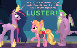 Size: 1722x1080 | Tagged: safe, artist:red4567, luster dawn, spike, twilight sparkle, alicorn, dragon, pony, unicorn, g4, the last problem, 3d, atg 2021, dialogue, female, fight club, gigachad spike, jewelry, looking at each other, looking down, looking up, male, mare, newbie artist training grounds, older, older spike, older twilight, older twilight sparkle (alicorn), princess twilight 2.0, regalia, source filmmaker, twilight sparkle (alicorn)
