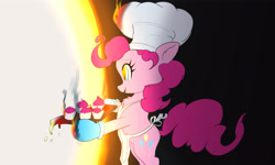 Size: 5000x3000 | Tagged: safe, artist:xbi, pinkie pie, earth pony, pony, g4, atg 2021, baking, baking cake, baking tray, bipedal, cartoon physics, cooking, cupcake, female, fire, food, high res, how, mare, melting, newbie artist training grounds, open mouth, open smile, oven mitts, pinkie being pinkie, pinkie physics, smiling, smoke, solo, sun, tangible heavenly object