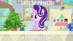 Size: 1280x720 | Tagged: safe, edit, edited screencap, screencap, big macintosh, doctor whooves, octavia melody, phyllis, starlight glimmer, time turner, trixie, earth pony, pony, unicorn, a horse shoe-in, g4, season 9, female, gif, male, mare, non-animated gif, philodendron, potted plant, stallion, starlight's office, wavy mouth