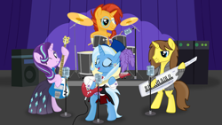 Size: 1920x1080 | Tagged: safe, artist:grapefruit-face, starlight glimmer, sunburst, trixie, oc, oc:grapefruit face, pony, unicorn, g4, band, base used, bass guitar, bipedal, blaze (coat marking), coat markings, drum kit, drumming, drums, eyes closed, facial markings, guitar, keytar, looking at you, microphone, musical instrument, one eye closed, performance, show accurate, singing, socks (coat markings), stage, wink, winking at you