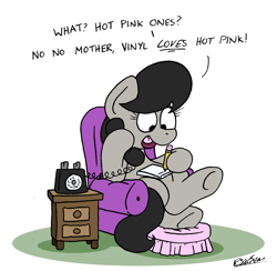 Size: 2000x1949 | Tagged: safe, artist:bobthedalek, octavia melody, earth pony, pony, g4, atg 2021, chair, crossed legs, female, hoof hold, mare, newbie artist training grounds, notebook, open mouth, open smile, pencil, phone, sitting, smiling, solo, talking, this will end in intensive mothering, writing