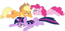 Size: 3594x1734 | Tagged: safe, artist:gmaplay, applejack, pinkie pie, twilight sparkle, earth pony, pony, unicorn, g4, applejack's hat, butt, cowboy hat, female, frown, hat, high res, lying down, mare, open mouth, plot, prone, simple background, transparent background, trio, trio female, unicorn twilight, vector
