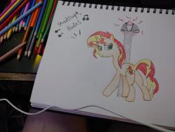 Size: 1280x960 | Tagged: safe, artist:dougtheloremaster, part of a set, sunset shimmer, pony, unicorn, g4, don't stop believing, female, journey (band), lamppost, mare, part of a series, pencil, pencil drawing, photo, sketch, sketchpad, solo, song reference, traditional art