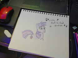 Size: 1280x960 | Tagged: safe, artist:dougtheloremaster, part of a set, twilight sparkle, pony, unicorn, g4, don't stop believing, female, gritted teeth, journey (band), mare, messy mane, part of a series, pencil, pencil drawing, photo, sketch, sketchpad, solo, song reference, traditional art, unicorn twilight