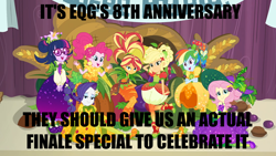 Size: 1920x1080 | Tagged: safe, edit, edited screencap, screencap, applejack, fluttershy, pinkie pie, rainbow dash, rarity, sci-twi, sunset shimmer, twilight sparkle, equestria girls, equestria girls specials, g4, my little pony equestria girls: better together, my little pony equestria girls: holidays unwrapped, o come all ye squashful, anniversary, background pony strikes again, caption, comments locked down, derail in the comments, equestria girls drama, graveyard of comments, humane five, humane seven, humane six, image macro, inflatable dress, op can't let go, op needs help, op needs to stop, save equestria girls, text