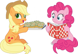 Size: 2753x1924 | Tagged: safe, artist:starcollider, applejack, pinkie pie, earth pony, pony, applebuck season, g4, season 1, atg 2021, baked bads, book, cookbook, derp, drunk, drunk aj, duo, duo female, female, food, frown, go home you're drunk, high res, imminent food poisoning, mare, muffin, muffin tray, newbie artist training grounds, open mouth, open smile, shocked, show accurate, silly, silly pony, simple background, sitting, smiling, this will end in colic, tired, tiredjack, transparent background, vector, who's a silly pony