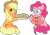 Size: 2753x1924 | Tagged: safe, artist:starcollider, applejack, pinkie pie, earth pony, pony, applebuck season, g4, my little pony: friendship is magic, season 1, atg 2021, baked bads, book, cookbook, derp, drunk, drunk aj, duo, duo female, female, food, frown, go home you're drunk, high res, imminent food poisoning, mare, muffin, muffin tray, newbie artist training grounds, open mouth, open smile, shocked, show accurate, silly, silly pony, simple background, sitting, smiling, this will end in colic, tired, tiredjack, transparent background, vector, who's a silly pony