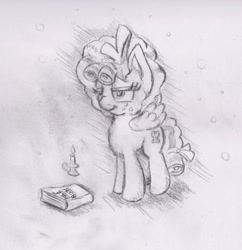 Size: 1200x1238 | Tagged: safe, artist:nedemai, cozy glow, pegasus, pony, g4, atg 2021, book, female, filly, newbie artist training grounds, pencil drawing, smiling, smirk, solo, traditional art