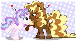 Size: 2260x1223 | Tagged: dead source, safe, artist:cherritoppu, oc, oc only, earth pony, pony, unicorn, base used, blushing, earth pony oc, gay, heart, holding hooves, horn, looking at each other, magical lesbian spawn, male, oc x oc, offspring, parent:cheese sandwich, parent:pinkie pie, parent:starlight glimmer, parent:trixie, parents:cheesepie, parents:startrix, polka dot background, raised hoof, shipping, smiling, smiling at each other, stallion, unicorn oc