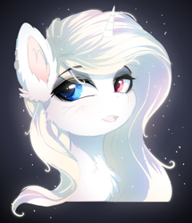 Size: 928x1081 | Tagged: safe, artist:lucid-guardian, oc, oc only, oc:lunar eclipse, pony, unicorn, bust, eye clipping through hair, eyebrows, eyebrows visible through hair, female, heterochromia, horn, mare, open mouth, solo, unicorn oc, white