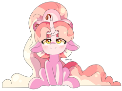 Size: 2064x1536 | Tagged: dead source, safe, artist:cherritoppu, oc, oc only, oc:cherry bloom, pony, unicorn, eye clipping through hair, female, floppy ears, horn, looking at you, mare, signature, simple background, sitting, smiling, smiling at you, solo, transparent background, unicorn oc