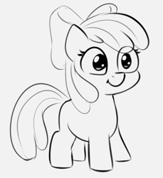 Size: 864x942 | Tagged: safe, artist:heretichesh, apple bloom, earth pony, pony, g4, adorabloom, cute, eye clipping through hair, female, filly, gray background, grayscale, monochrome, simple background, sketch, smiling, solo
