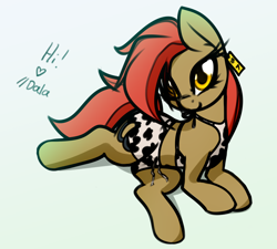 Size: 2392x2154 | Tagged: safe, artist:jetwave, oc, oc only, oc:dala vault, earth pony, pony, booty shorts, clothes, cowprint, ear tag, earth pony oc, female, gradient background, heart, high res, lying down, mare, pajamas, shorts, solo, text