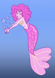 Size: 2507x3529 | Tagged: safe, artist:carconutty, pinkie pie, mermaid, g4, bra, bubble, female, grin, high res, humanized, mermaid tail, mermaidized, seashell, seashell bra, smiling, solo, species swap, underwater, water