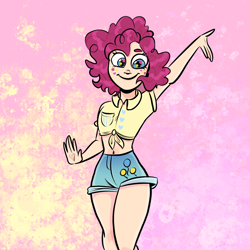 Size: 4080x4080 | Tagged: safe, artist:carconutty, pinkie pie, human, g4, absurd resolution, alternate hairstyle, belly button, blushing, clothes, cute, diapinkes, female, humanized, looking at you, midriff, raised hand, shirt, shorts, smiling, smiling at you, solo