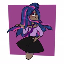 Size: 2048x2048 | Tagged: safe, artist:carconutty, twilight sparkle, human, g4, bedroom eyes, clothes, dark skin, eyeshadow, female, high res, humanized, makeup, necktie, shirt, skirt, solo