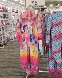 Size: 640x800 | Tagged: safe, hitch trailblazer, izzy moonbow, pipp petals, sunny starscout, zipp storm, earth pony, pegasus, pony, unicorn, g5, 2d, clothes, clothes hanger, female, hood, irl, male, mane five, onesie, pajamas, photo, price, sign, socks, target (store)