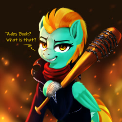 Size: 2000x2000 | Tagged: safe, artist:darksly, lightning dust, pegasus, pony, g4, bandage, baseball bat, clothes, cosplay, costume, crossover, female, grin, high res, jacket, leather jacket, looking at you, lucille, mare, negan, newbie artist training grounds, scarf, smiling, smiling at you, solo, talking, the walking dead