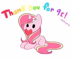 Size: 4096x3395 | Tagged: safe, artist:kittyrosie, oc, oc only, oc:rosa flame, pony, unicorn, blushing, cute, followers, heart, high res, horn, lying down, meta, mouth hold, ocbetes, prone, simple background, smiling, solo, twitter, unicorn oc, white background