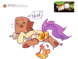 Size: 1536x1166 | Tagged: safe, artist:lunnita_pony, oc, oc:paper bag, burning, butt, cooked alive, cooking, fire, food, marshmallow, plot