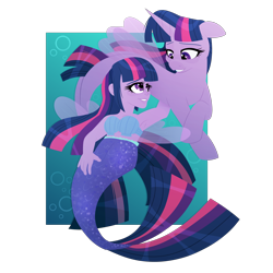 Size: 3000x3000 | Tagged: safe, artist:skulljooce, sci-twi, twilight sparkle, alicorn, mermaid, pony, seapony (g4), equestria girls, blue background, bra, bubble, clothes, commission, eyelashes, female, fin wings, fish tail, flowing mane, flowing tail, high res, horn, lesbian, looking at each other, mermaid lovers, mermaid sci-twi, mermaid tail, mermaidized, purple eyes, seaponified, seapony twilight, seashell bra, see-through, self ponidox, shipping, simple background, smiling, species swap, swimming, tail, twilight sparkle (alicorn), twitwi, twolight, underwater, water, wings