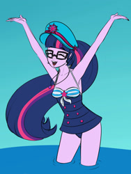 Size: 1500x2000 | Tagged: safe, artist:albertbm, sci-twi, twilight sparkle, equestria girls, g4, clothes, eyes closed, glasses, open mouth, solo, swimsuit, water