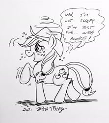 Size: 2084x2352 | Tagged: safe, artist:debmervin, applejack, earth pony, pony, g4, black and white, blatant lies, grayscale, hat, high res, monochrome, silly, silly pony, tired