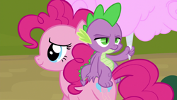 Size: 1920x1080 | Tagged: safe, screencap, pinkie pie, spike, dragon, earth pony, pony, g4, newbie dash, season 6, cotton candy, dragons riding ponies, duo, female, frown, male, mare, riding, smiling, spike is not amused, spike riding pinkie pie, unamused