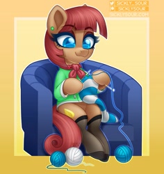 Size: 939x996 | Tagged: safe, artist:sickly-sour, oc, oc only, oc:scarlet topaz, earth pony, pony, clothes, knitting, signature, socks, solo, stockings, striped socks, thigh highs, yarn, yarn ball