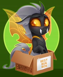 Size: 837x1022 | Tagged: safe, artist:sickly-sour, oc, oc only, changeling, blushing, cardboard box, changeling in a box, changeling oc, commission, orange changeling, smiling, solo