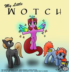 Size: 775x805 | Tagged: safe, artist:arconius, earth pony, pony, unicorn, artificial wings, augmented, crossover, female, gradient background, horn, implied transgender transformation, magic, magic aura, magic wings, male, mare, ponified, sparking horn, stallion, the wotch, wings