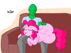 Size: 4098x3072 | Tagged: safe, artist:datzigga, pinkie pie, oc, oc:anon, earth pony, human, pony, g4, :p, balloonbutt, both cutie marks, butt, cute, diapinkes, eyes closed, frog (hoof), human on pony snuggling, petting, plot, sitting on lap, sleeping, snuggling, the ass was fat, tongue out, underhoof
