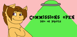 Size: 1052x505 | Tagged: safe, artist:theedgyduck, oc, oc only, oc:discovered mystery, earth pony, pony, advertisement, commission open, male, ms paint, solo, ufo