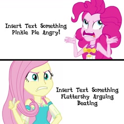 Size: 1300x1300 | Tagged: safe, fluttershy, pinkie pie, a little birdie told me, equestria girls, equestria girls specials, g4, my little pony equestria girls: better together, my little pony equestria girls: forgotten friendship, angry, chalk, clothes, complaining, dress, engrish, fluttershy is not amused, geode of fauna, geode of sugar bombs, glare, gritted teeth, hairpin, implied applejack, implied rainbow dash, magical geodes, sleeveless, swimsuit, teenager, teeth, template, unamused