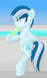 Size: 1500x2500 | Tagged: safe, artist:notadeliciouspotato, oc, oc only, oc:serene dive, earth pony, pony, bipedal, female, food, mare, popsicle, solo, swimming pool
