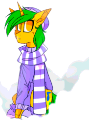 Size: 1000x1373 | Tagged: safe, artist:mediasmile666, oc, oc only, pony, unicorn, animated, clothes, hat, scarf, sitting, snow, solo, sweater, winter