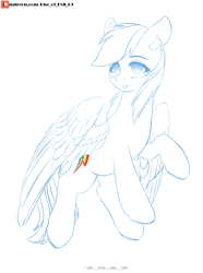 Size: 2600x3500 | Tagged: safe, artist:rise_of_evil_69, rainbow dash, pegasus, pony, g4, :p, blushing, cute, dashabetes, ear fluff, female, flying, high res, looking at you, partial color, simple background, sketch, smiling, smiling at you, solo, spread wings, tongue out, white background, wings