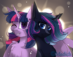 Size: 1964x1537 | Tagged: safe, artist:mediasmile666, twilight sparkle, oc, alicorn, pony, unicorn, g4, abstract background, bust, chest fluff, commission, curved horn, duo, ear fluff, eye clipping through hair, female, horn, hug, lidded eyes, looking at you, mare, one eye closed, raised eyebrow, sidemouth, smiling, sparkles, starry eyes, twilight sparkle (alicorn), wingding eyes, winghug, wink