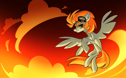 Size: 4816x3007 | Tagged: safe, artist:dodsie, lightning dust, pegasus, pony, g4, cloud, female, flying, goggles, mare, solo, sunset