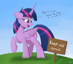 Size: 2000x1745 | Tagged: safe, artist:arcane-thunder, twilight sparkle, alicorn, pony, g4, adorkable, atg 2021, cute, dialogue, dork, floppy ears, fuck the police, grass, keep off the grass, newbie artist training grounds, pure unfiltered evil, sign, smiling, solo, twilight sparkle (alicorn)