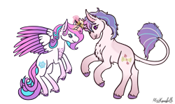 Size: 1605x956 | Tagged: safe, artist:misskanabelle, princess flurry heart, oc, oc:freyr, alicorn, pony, unicorn, g4, brother and sister, chest fluff, duo, female, glowing horn, horn, male, mare, offspring, older, older flurry heart, parent:princess cadance, parent:shining armor, parents:shiningcadance, rearing, siblings, signature, simple background, stallion, transparent background, unicorn oc, unshorn fetlocks, wings