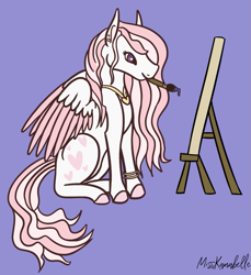Size: 995x1088 | Tagged: safe, artist:misskanabelle, oc, oc only, oc:darling devotion, pegasus, pony, colored hooves, female, jewelry, mare, mouth hold, necklace, offspring, paintbrush, painting, parent:fancypants, parent:fleur-de-lis, parents:fancyfleur, pegasus oc, purple background, signature, simple background, two toned wings, wings